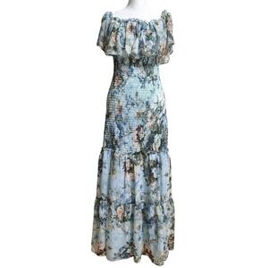 NWT Baltic Born Amalfi Smocked Maxi Dress Womens Size Large Blue Floral Romantic